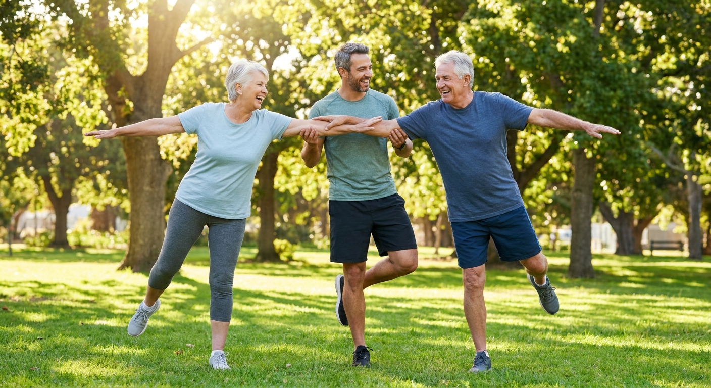 Personal trainer auxiliando casal de idosos em exercício de equilíbrio ao ar livre, promovendo longevidade e movimento