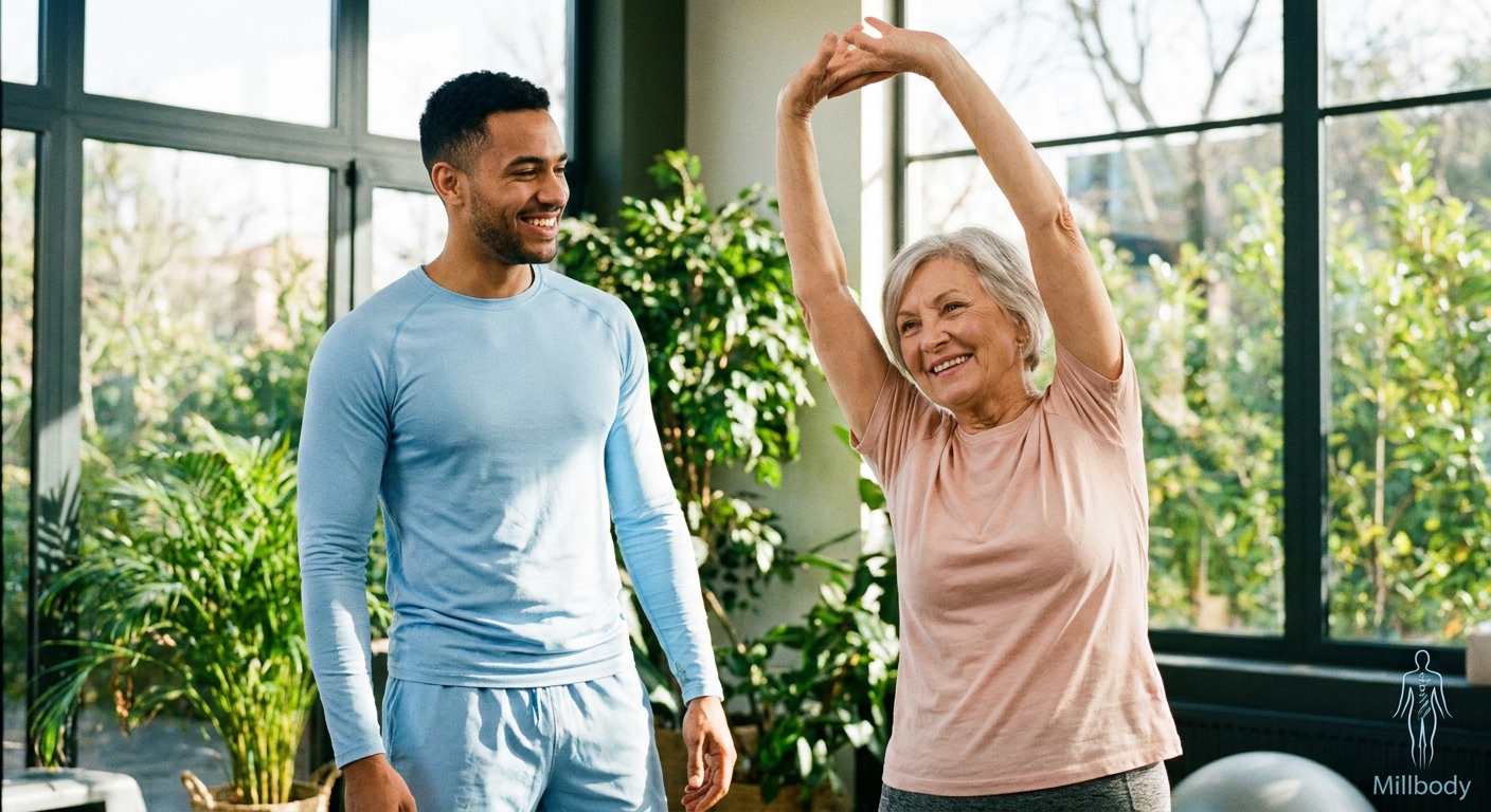 Personal trainer auxiliando idoso em exercício de equilíbrio com apoio da plataforma Millbody