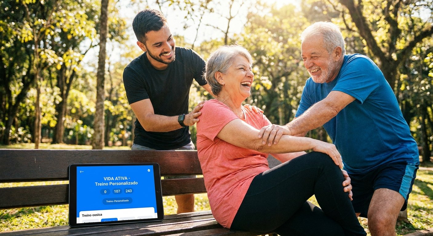 Personal trainer auxiliando casal de idosos com app Millbody para treinos suaves e acessíveis