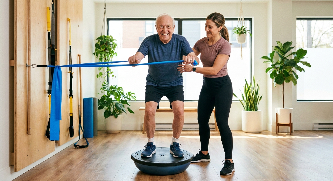 Personal trainer auxiliando idoso em exercício de equilíbrio com elástico azul em ambiente acolhedor e iluminado