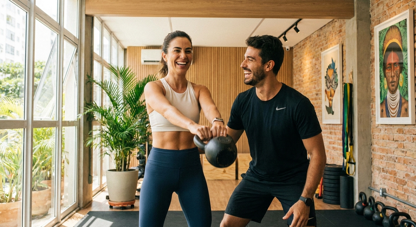 Treino feminino com personal trainer especialista Personal trainer e aluna sorrindo durante treino feminino adaptado