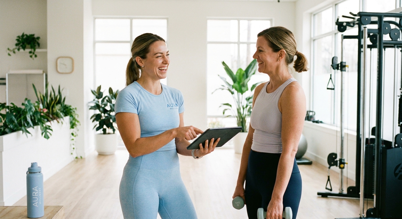 Personal trainer especializada em treino feminino orientando aluna durante exercício | Personal Millbody