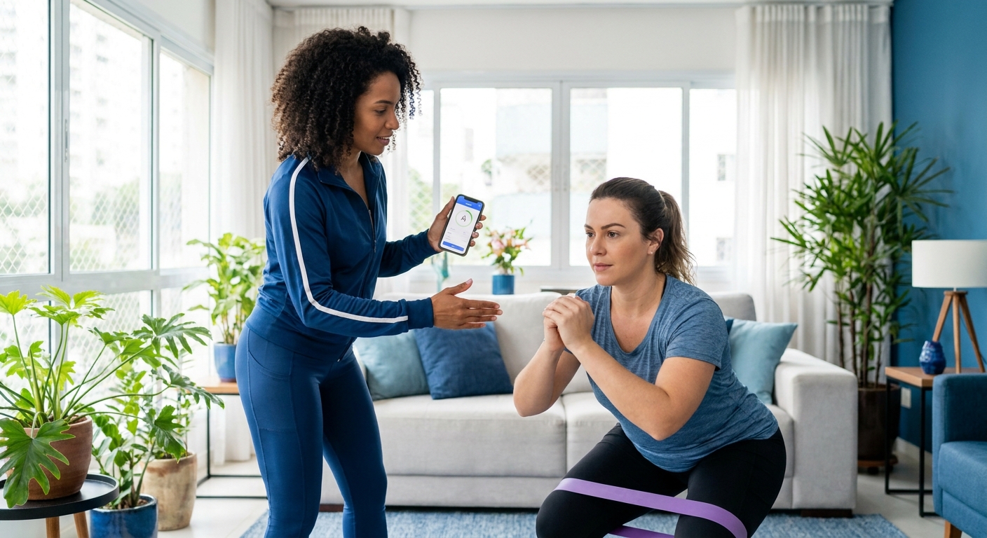Personal trainer utilizando app de treinos durante aula em domicílio