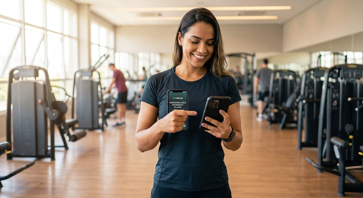 Personal trainer usando app Millbody no tablet para gerenciar treinos personalizados dos alunos