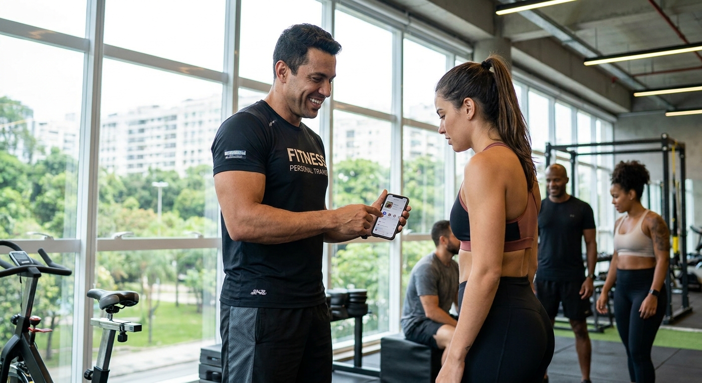 Personal trainer usando aplicativo para prescrever treino de emagrecimento para aluno