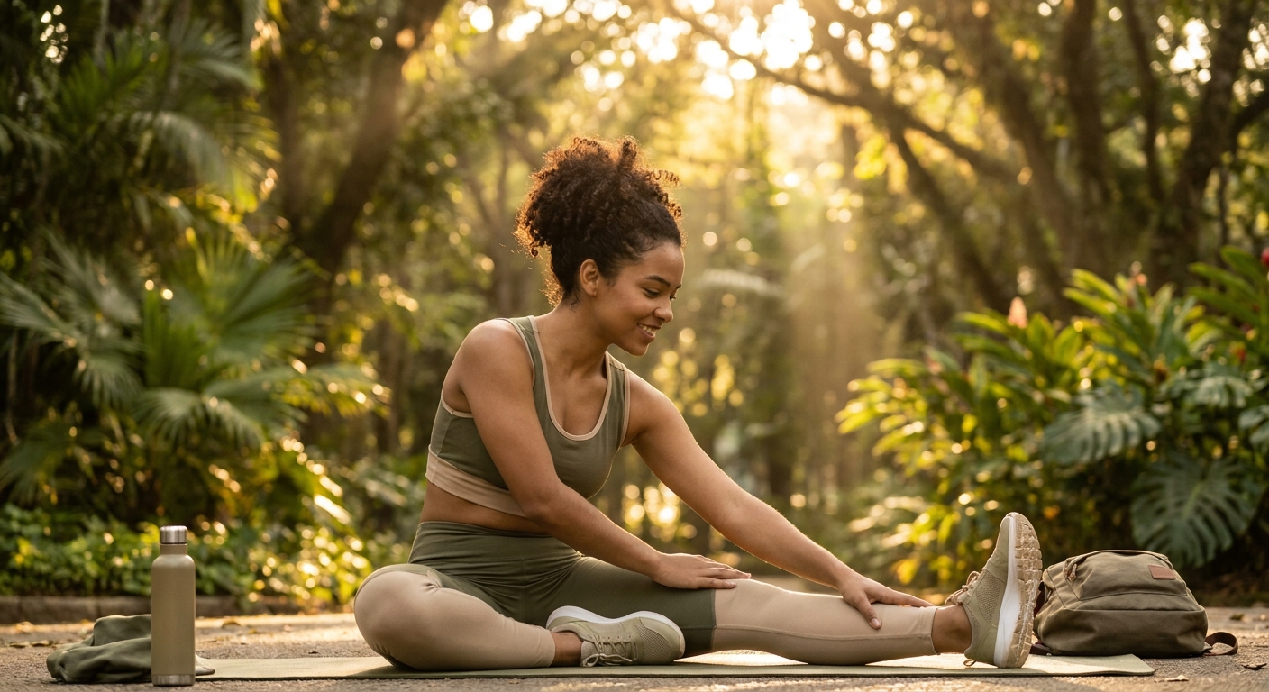 personal trainer vegano realizando alongamento em meio à natureza