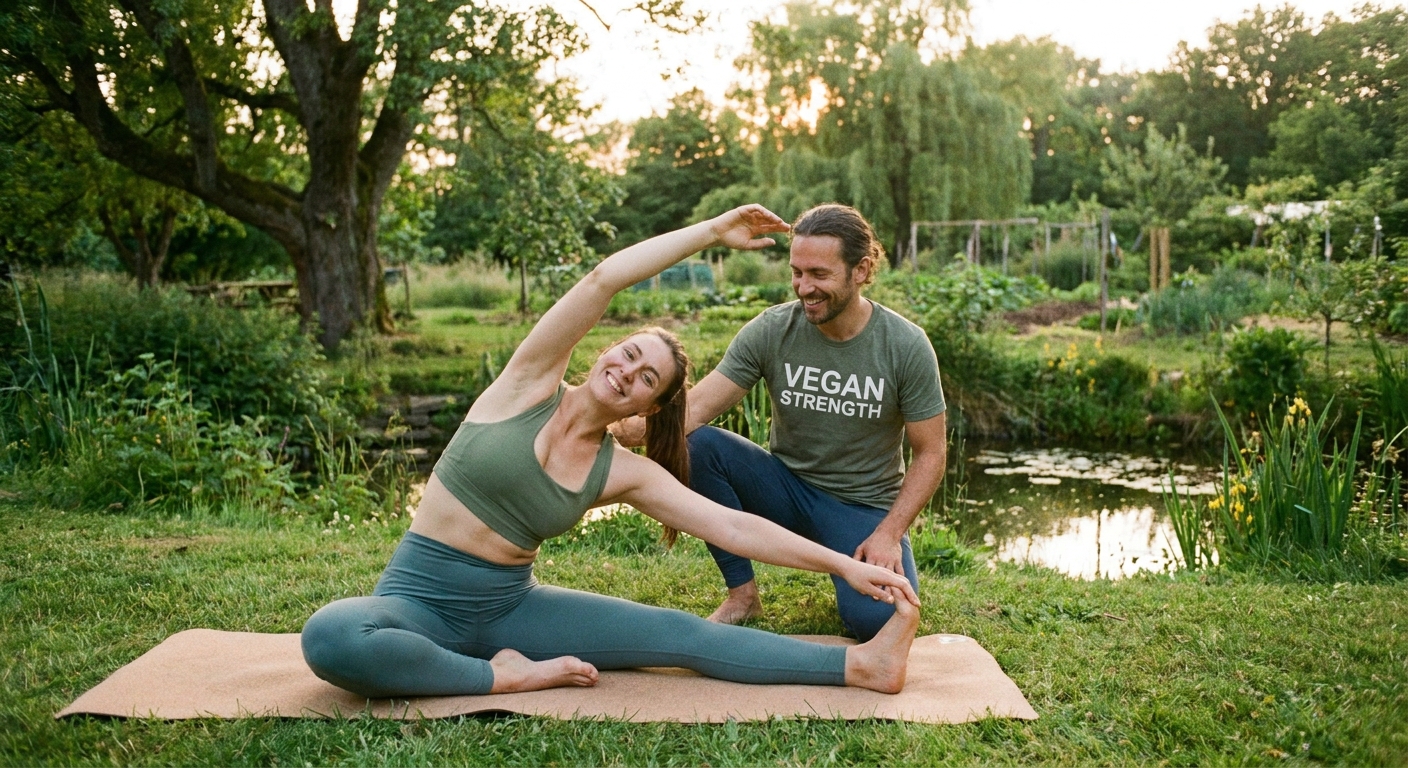 Personal trainer vegano alongando com aluno em parque com luz natural e tons verdes
