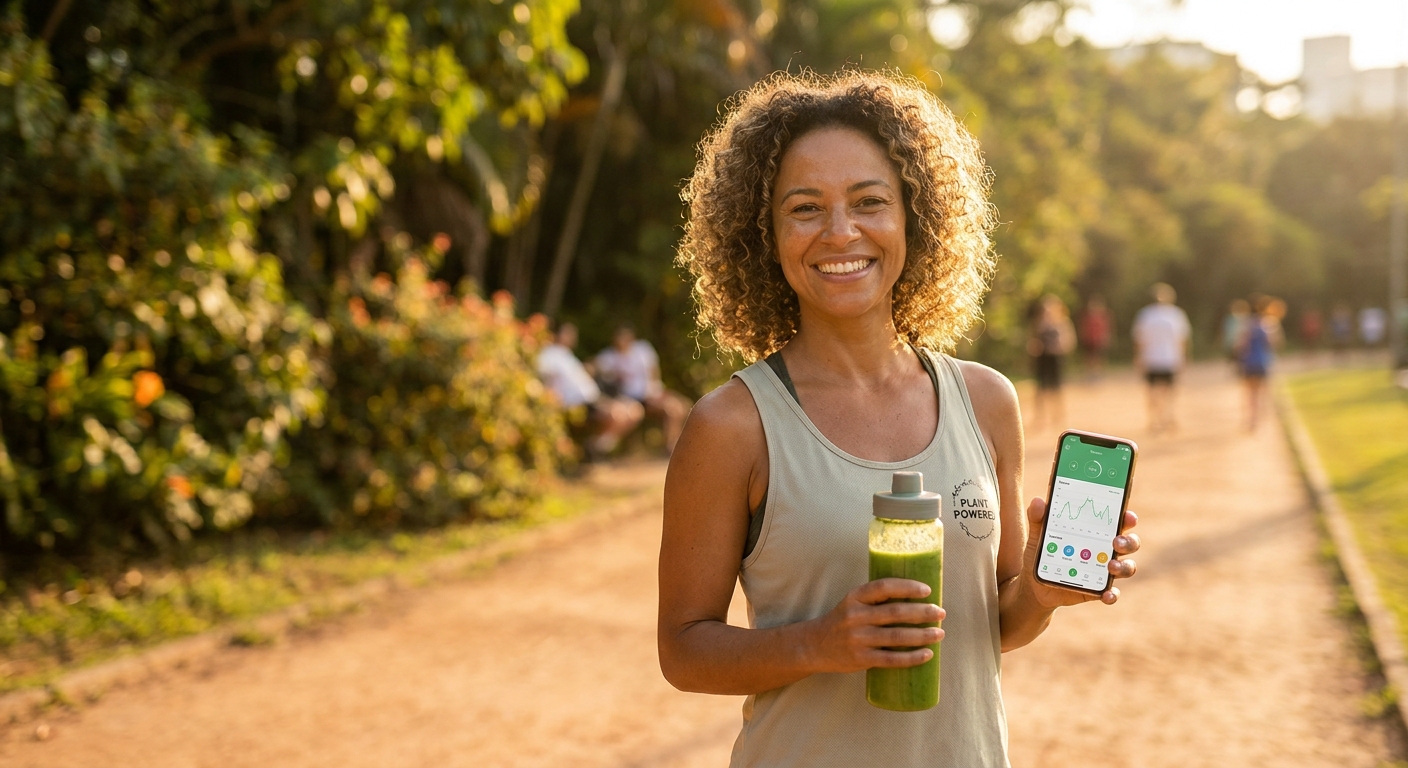 Personal trainer vegano sorrindo com smartphone mostrando app de treinos, tênis de corrida e smoothie verde em parque