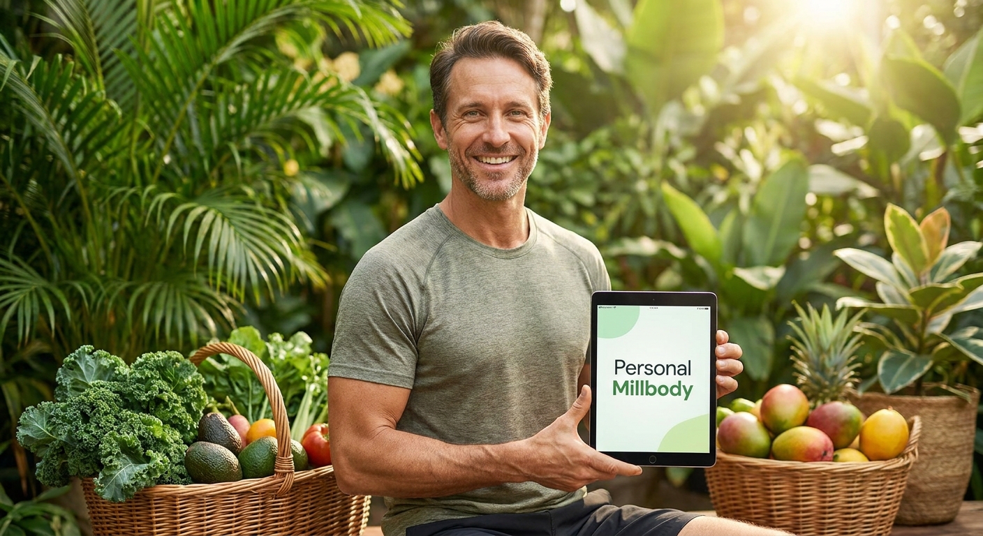 Personal trainer vegano sorrindo usando o app Personal Millbody em um tablet, rodeado por plantas e alimentos naturais
