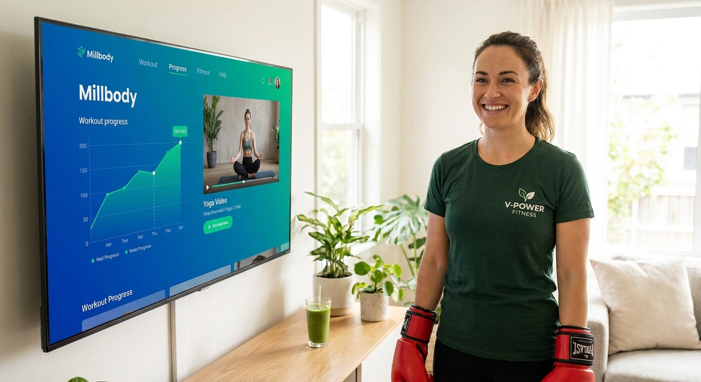 Personal trainer vegano com luvas de boxe ao lado de Smart TV exibindo o app Personal Millbody