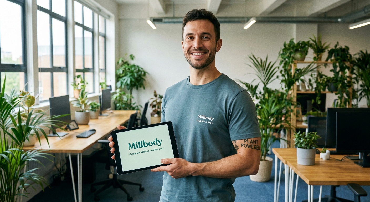 Personal trainer vegano usando Millbody para ginástica laboral em escritório com plantas