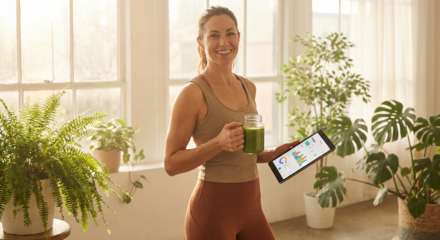 Personal trainer vegano sorrindo segurando smoothie verde e tablet com app Millbody