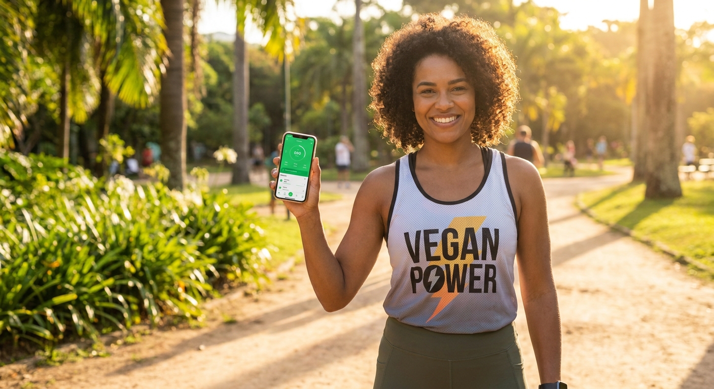 Personal trainer vegano sorrindo em ambiente natural usando o aplicativo Personal Millbody