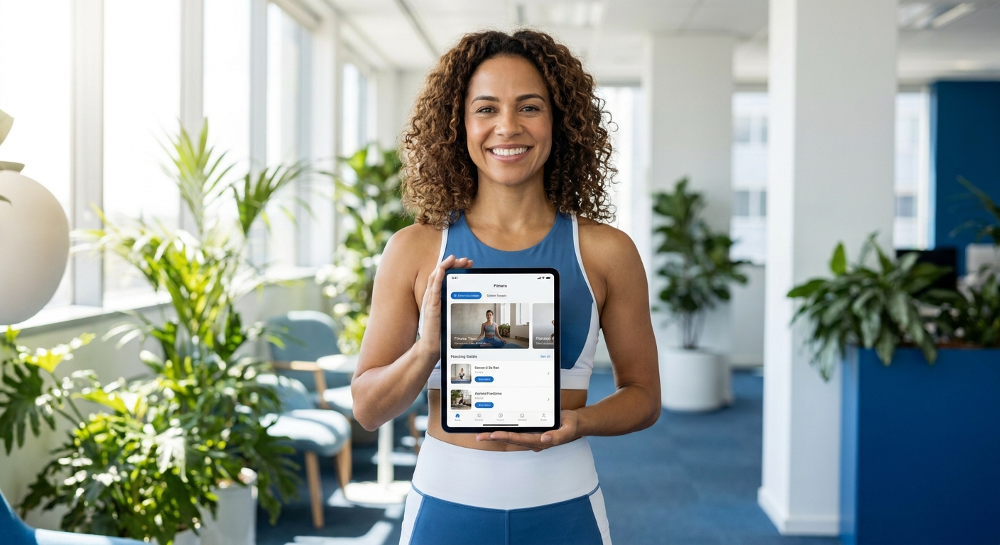 App para personal trainer de yoga sorrindo ao usar aplicativo de treino no tablet em ambiente corporativo