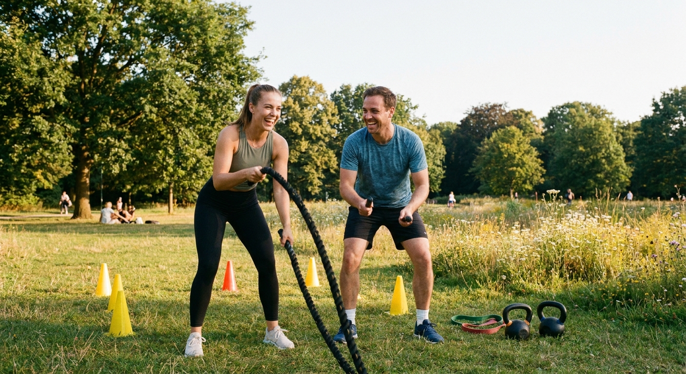 Personal trainer interagindo com aluno durante treino funcional ao ar livre