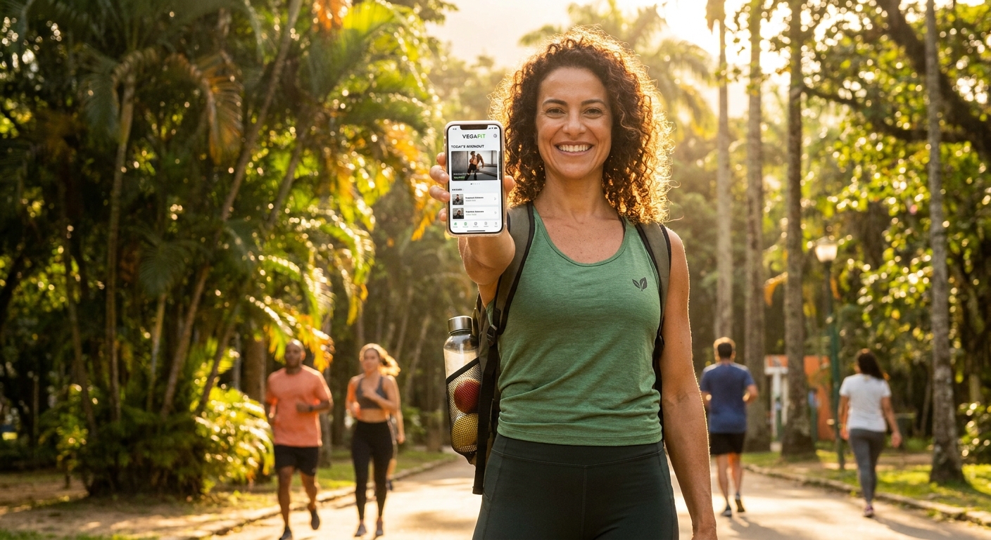 Personal trainer vegano usando aplicativo próprio para treinos e nutrição vegetal em um parque com luz natural