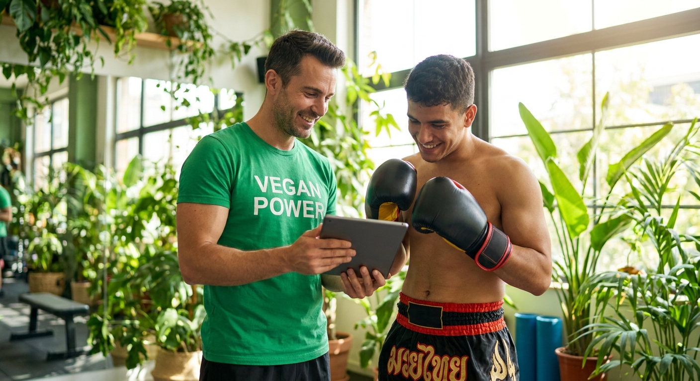 personal trainer vegano usando app personal trainer millbody com aluno de muay thai