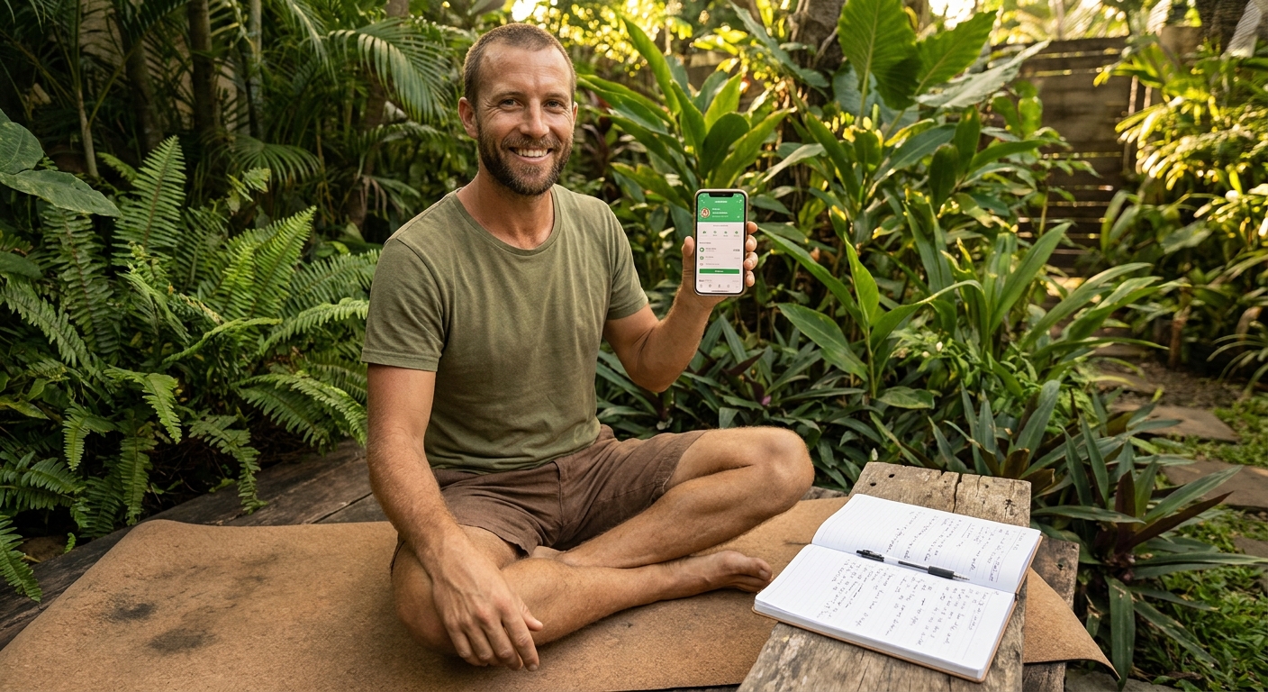 personal vegano usando app de treino de mobilidade no celular ao lado de caderno com planilha