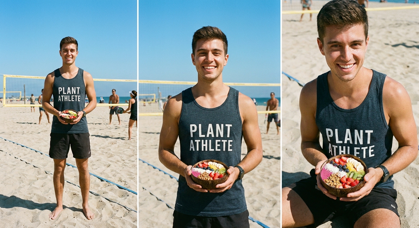 personal trainer vegano sorridente na quadra de beach tennis segurando smoothie bowl