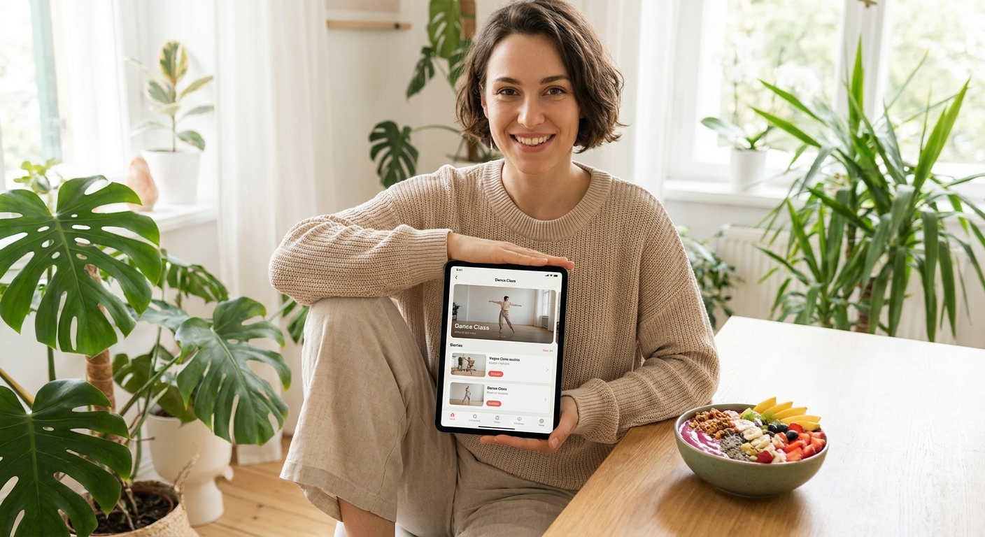 Professora de dança vegana usando tecnologia para dar aulas online com estilo de vida saudável