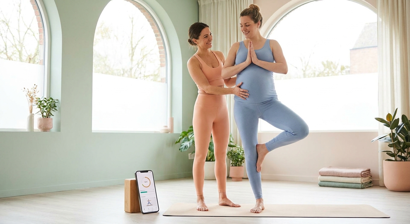 Personal trainer de yoga sorrindo com aluna gestante em pose de yoga, segurando celular com app Personal Millbody