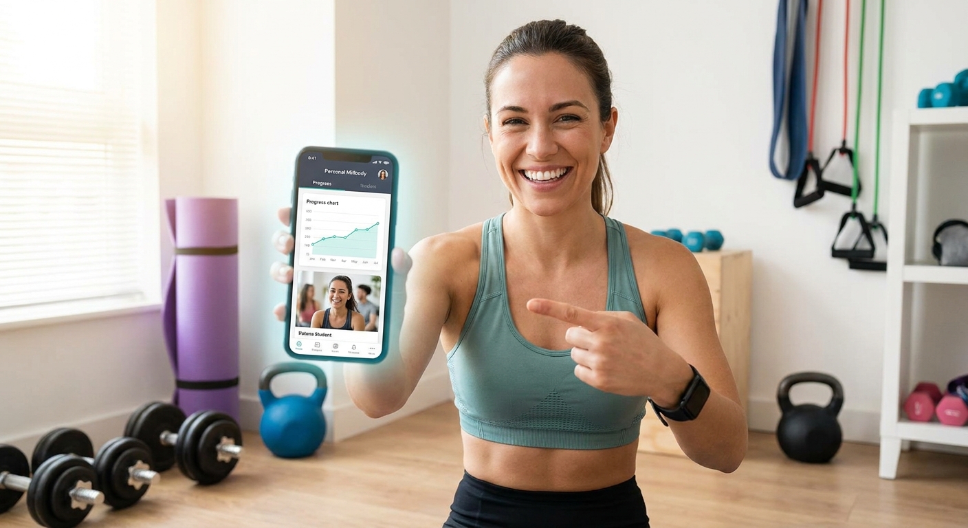 Personal trainer utilizando aplicativo para personal trainer em smartphone, mostrando progresso de aluno