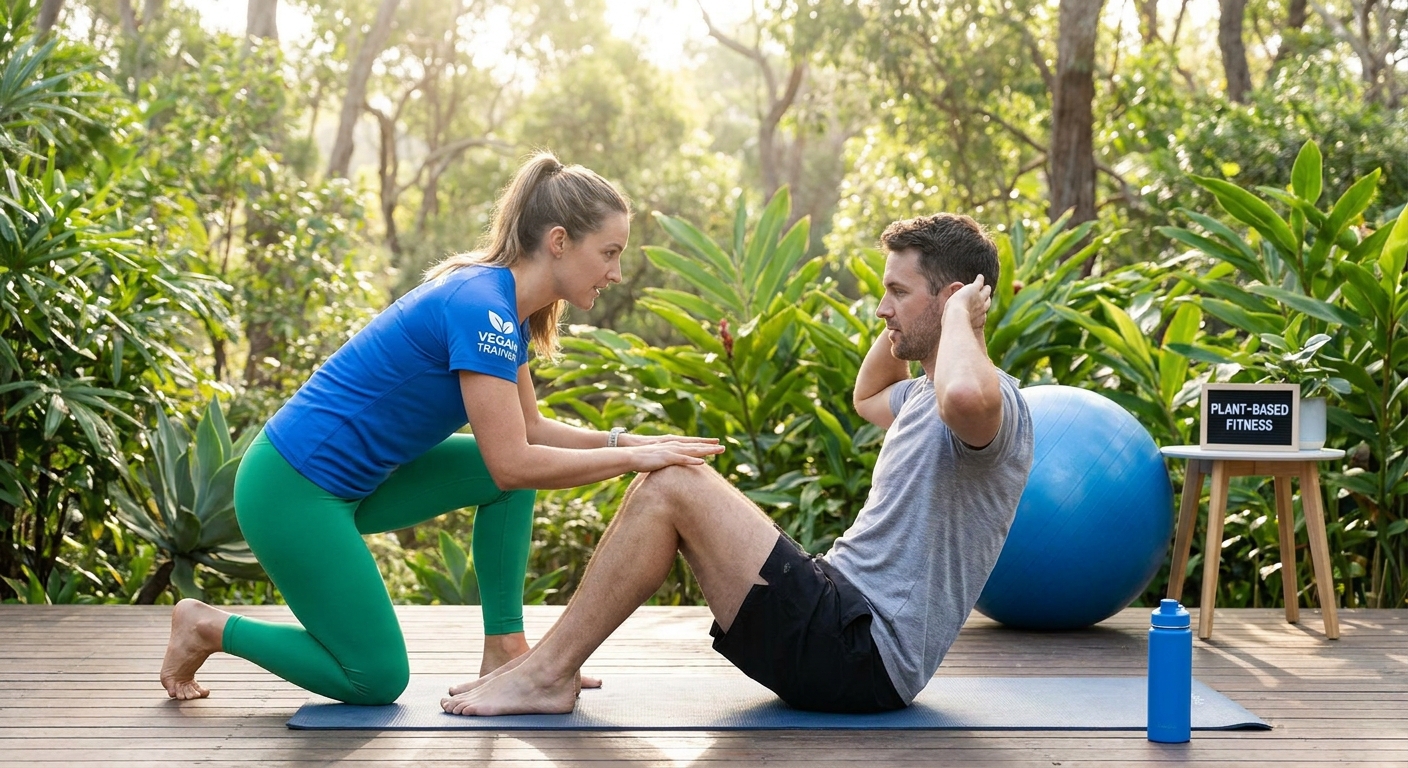 Personal trainer vegano orientando sua cliente em um ambiente clean e com elementos da natureza.