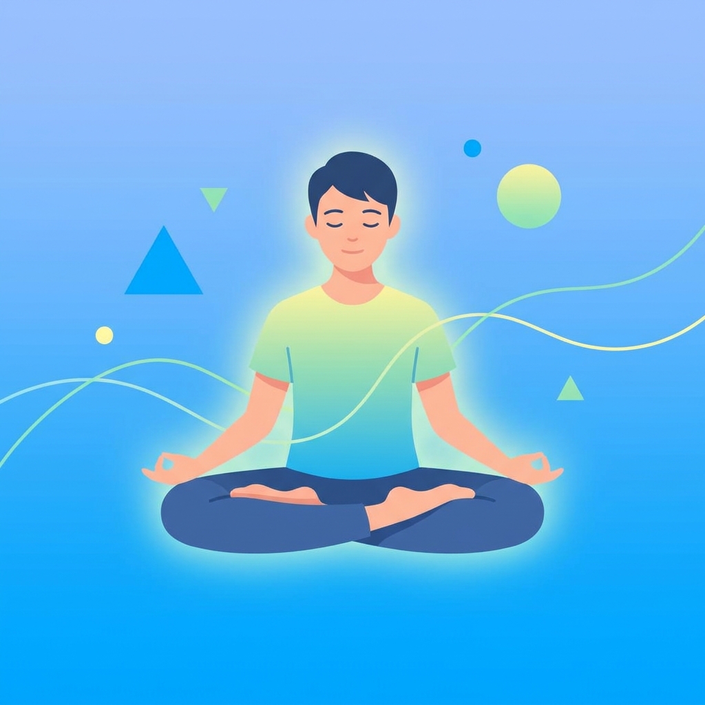 Pessoa meditando com fundo azul claro transmitindo paz e equilíbrio