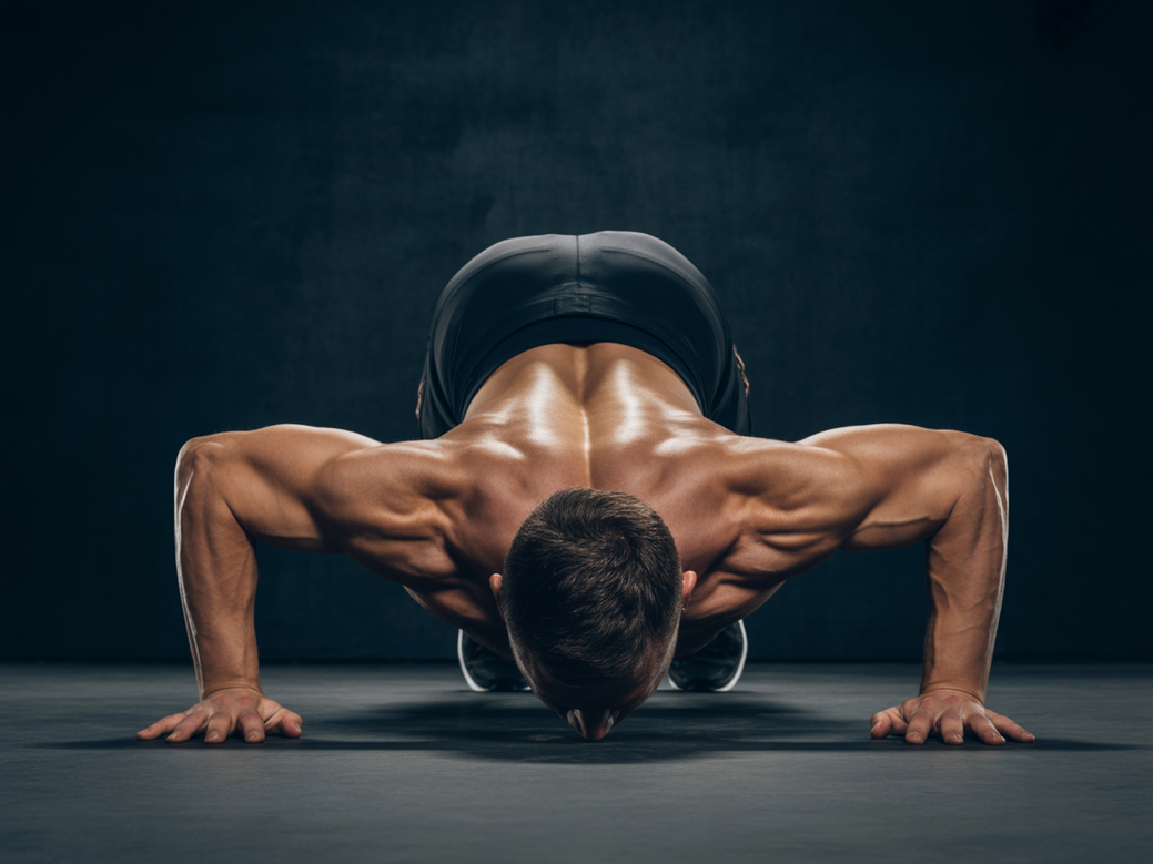 Demonstração de um atleta realizando a Flexão Pike, um dos principais exercícios de ombro em casa.