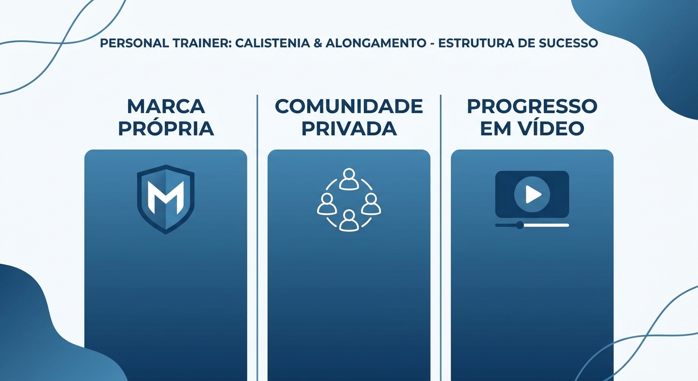 Plataforma para personal trainer de calistenia com os 3 pilares: marca própria, comunidade e progresso em vídeo