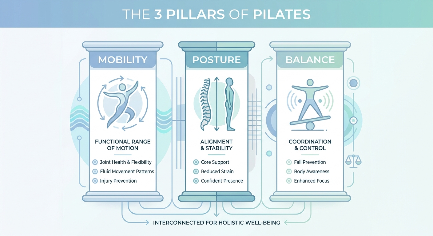 Infográfico: Os 3 pilares do Pilates - Mobilidade, Postura e Equilíbrio
