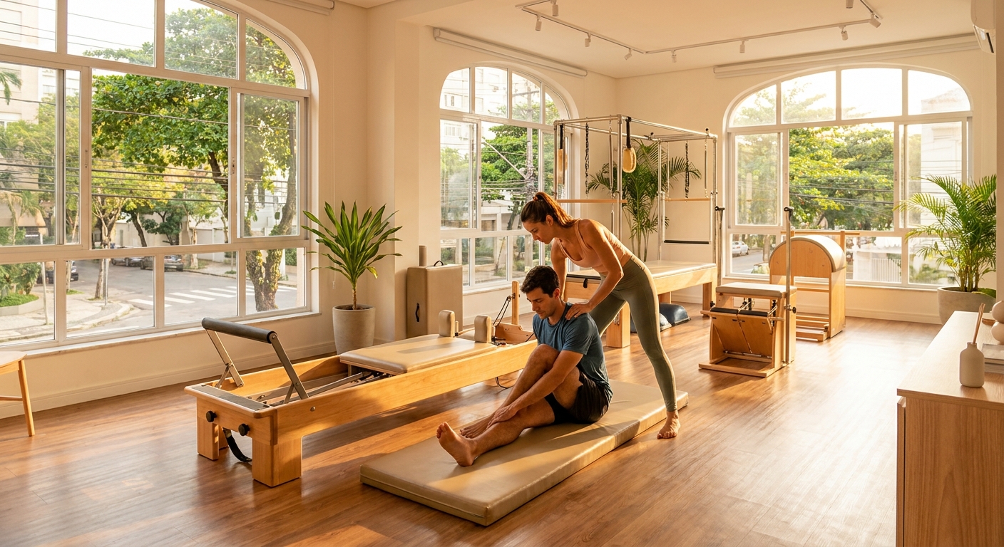 Professor de Pilates orientando corredor em estúdio moderno