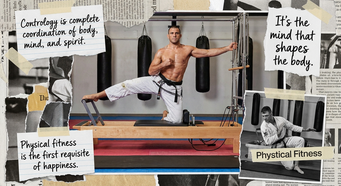 Citações curtas de Pilates aplicadas em treino de artes marciais com instrutor e alunos