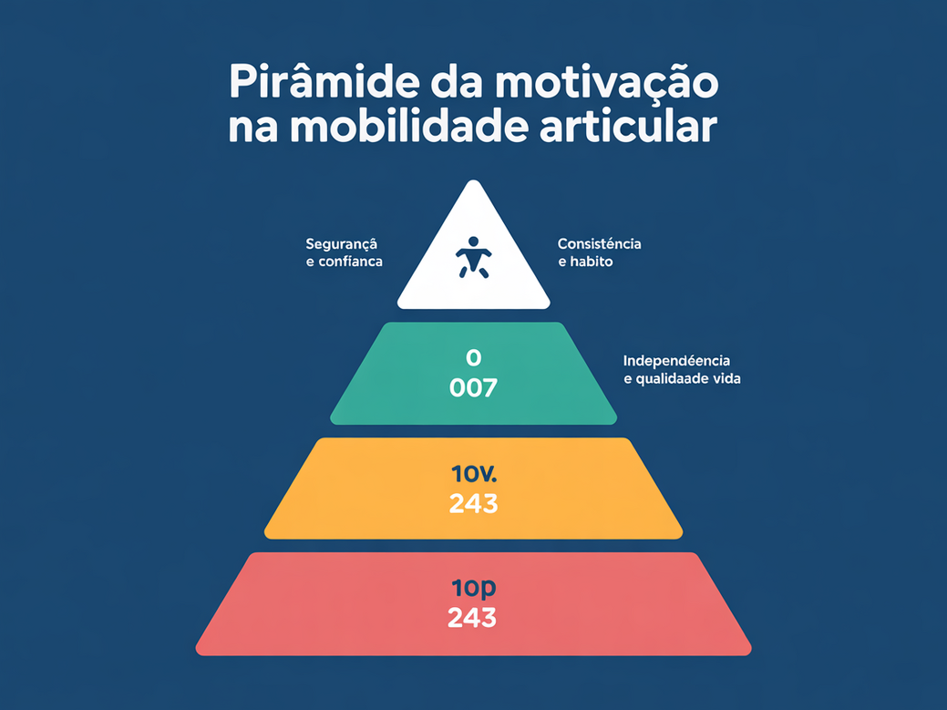Infográfico da Pirâmide da Motivação na Mobilidade Articular, mostrando a base de confiança, o meio de consistência e o topo de resultados