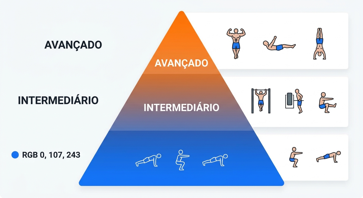 Pirâmide de níveis de calistenia: iniciante, intermediário e avançado com exemplos de exercícios