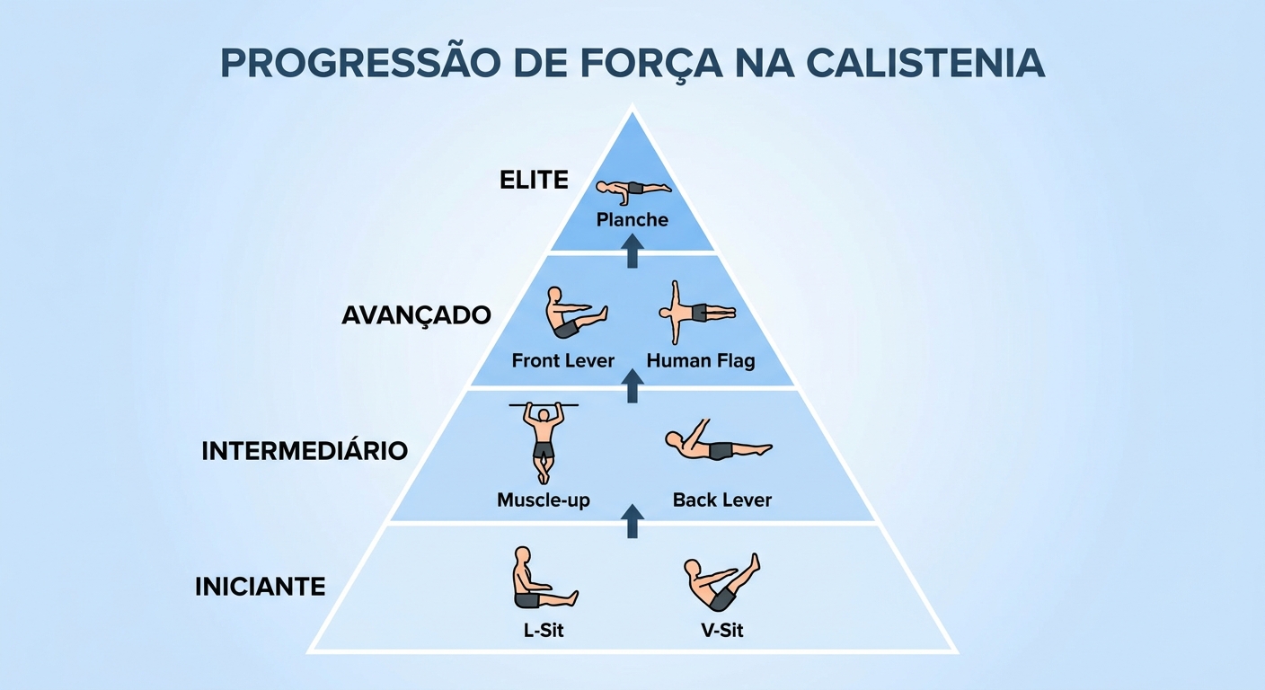 Pirâmide de Progressão da Calistenia — Níveis de Força Pirâmide de progressão da calistenia explicando níveis de força