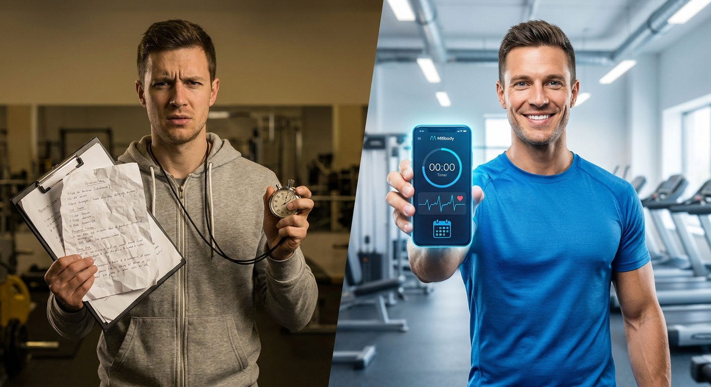 Personal trainer usando app no smartphone vs planilha de papel - Millbody