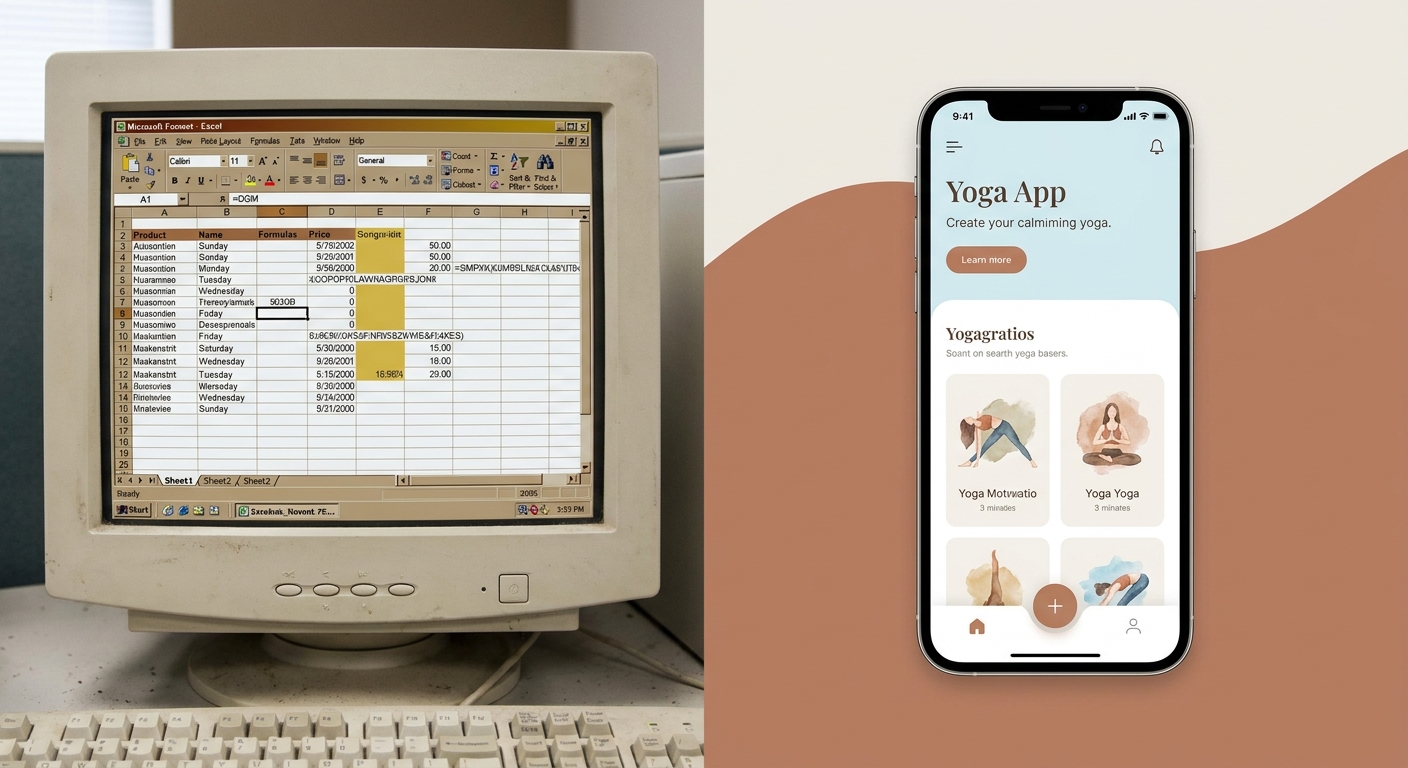 Comparação entre planilha desorganizada e app moderno de treinos