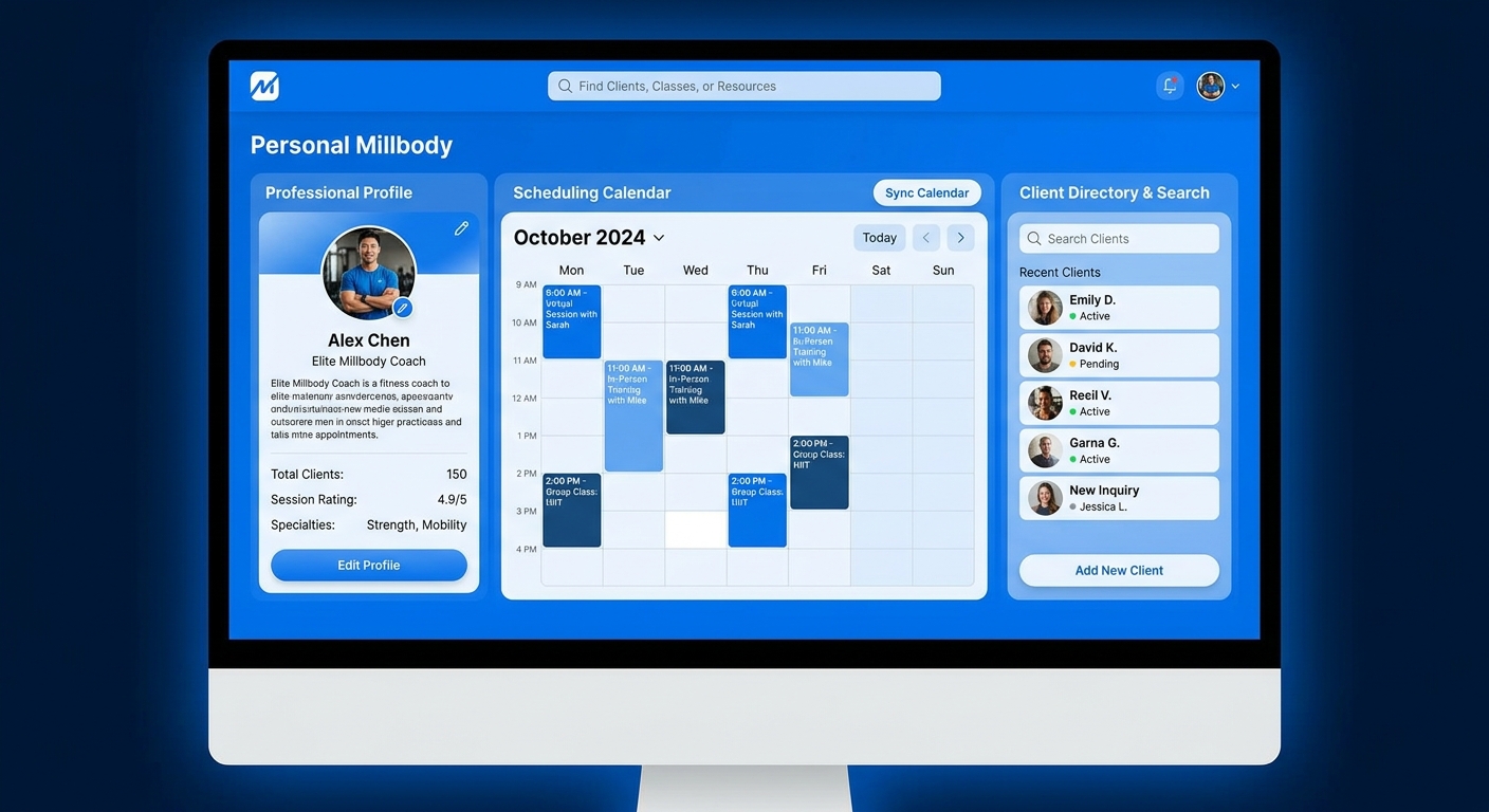 Dashboard da plataforma Personal Millbody mostrando funcionalidades de agenda, perfil profissional e busca de personal trainers