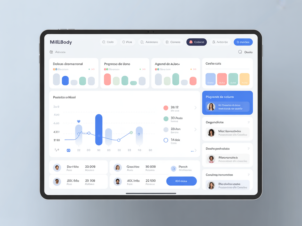 Interface da plataforma Personal Millbody em um tablet, mostrando o acompanhamento de alunos com gráficos de progresso.