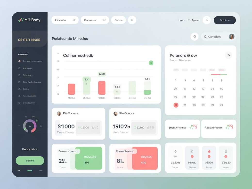 Dashboard da plataforma Personal Millbody mostrando o acompanhamento de alunos e a evolução de métricas de engajamento.