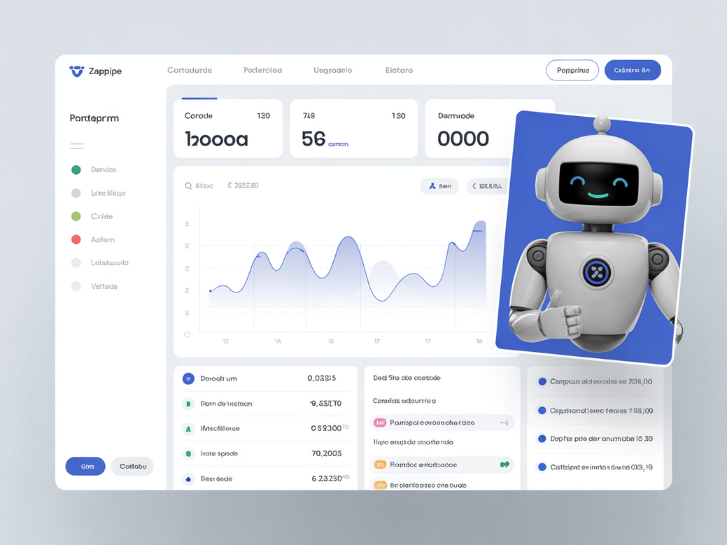 Screenshot da plataforma Zappipe mostrando um dashboard com gráficos de vendas e interações de IA.