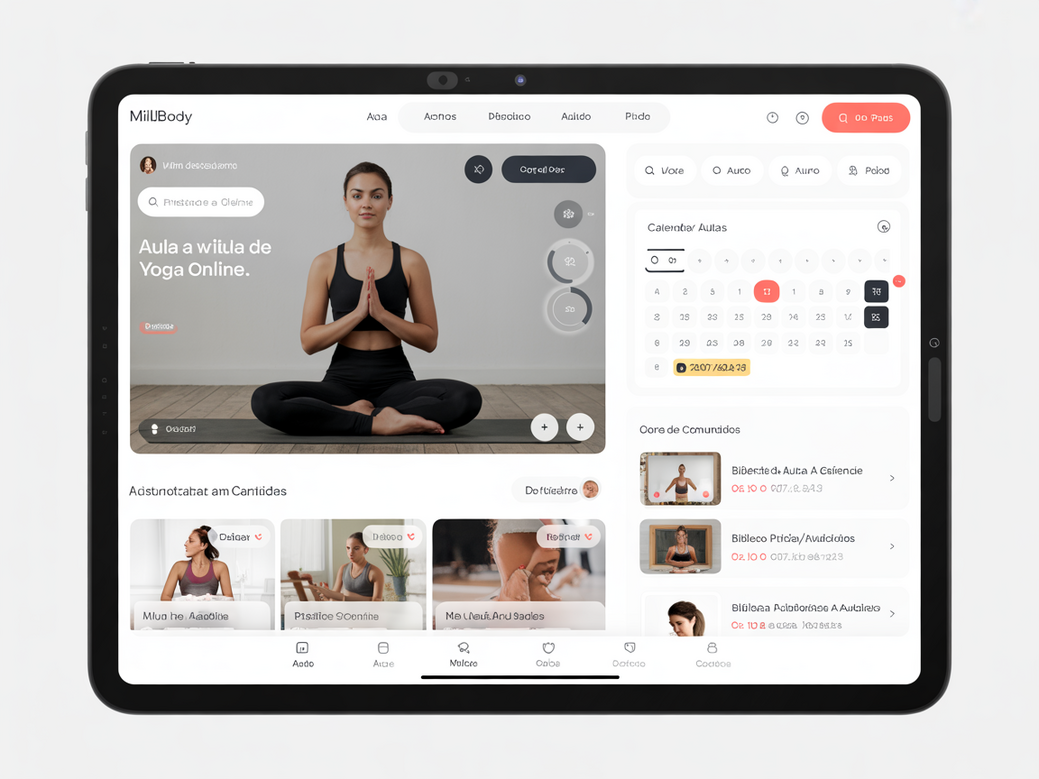 Plataforma Personal Millbody com recursos para aulas de yoga online, incluindo comunidade, calendário e mensagens para alunos.
