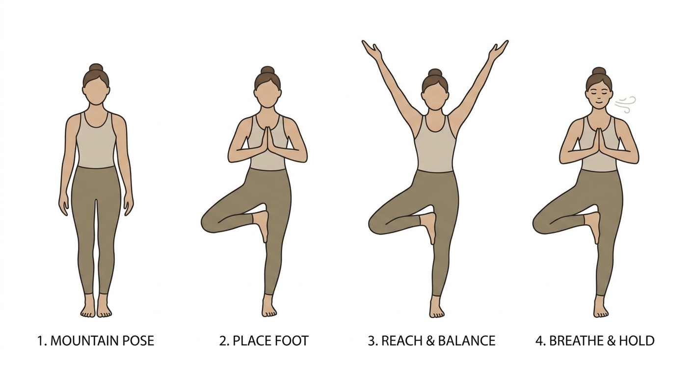 Postura da Árvore de yoga para equilíbrio e concentração