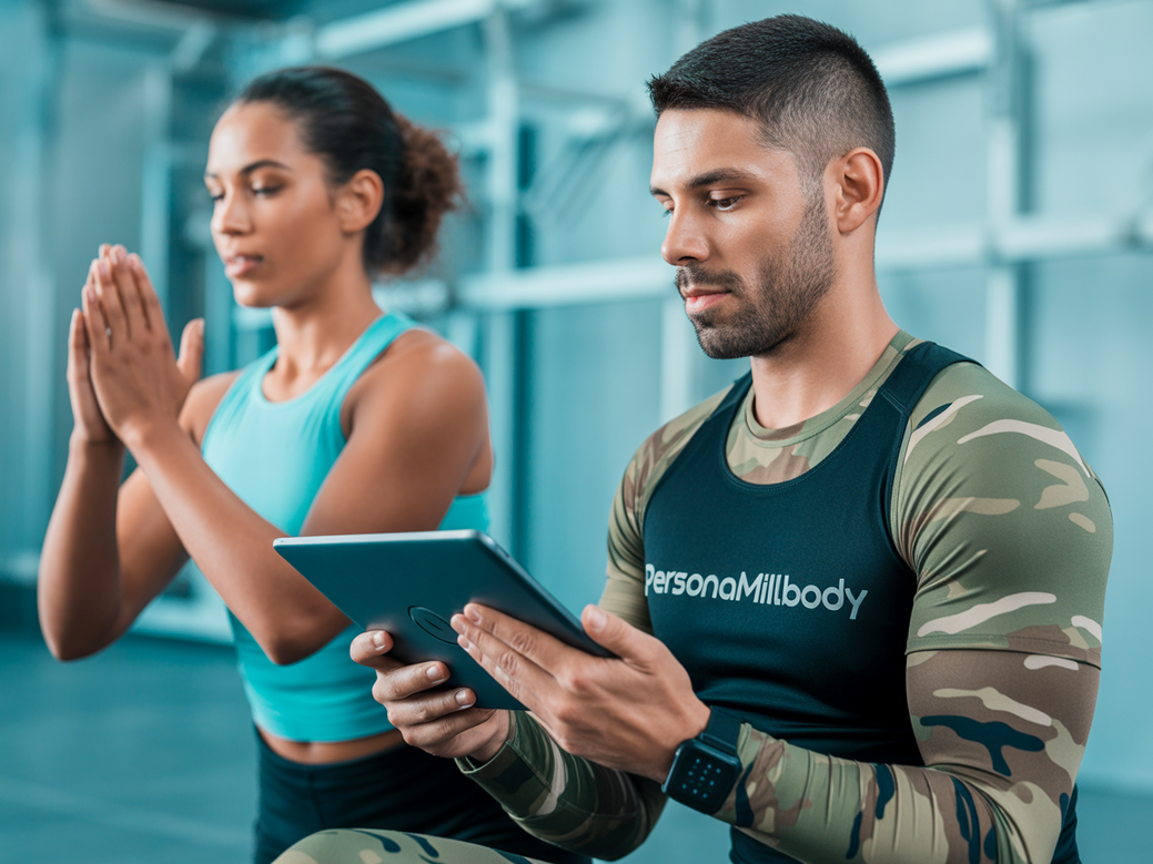 Personal trainer aplicando o treinamento militar adaptado com um cliente em recuperação pós-covid, focando em exercícios de respiração.