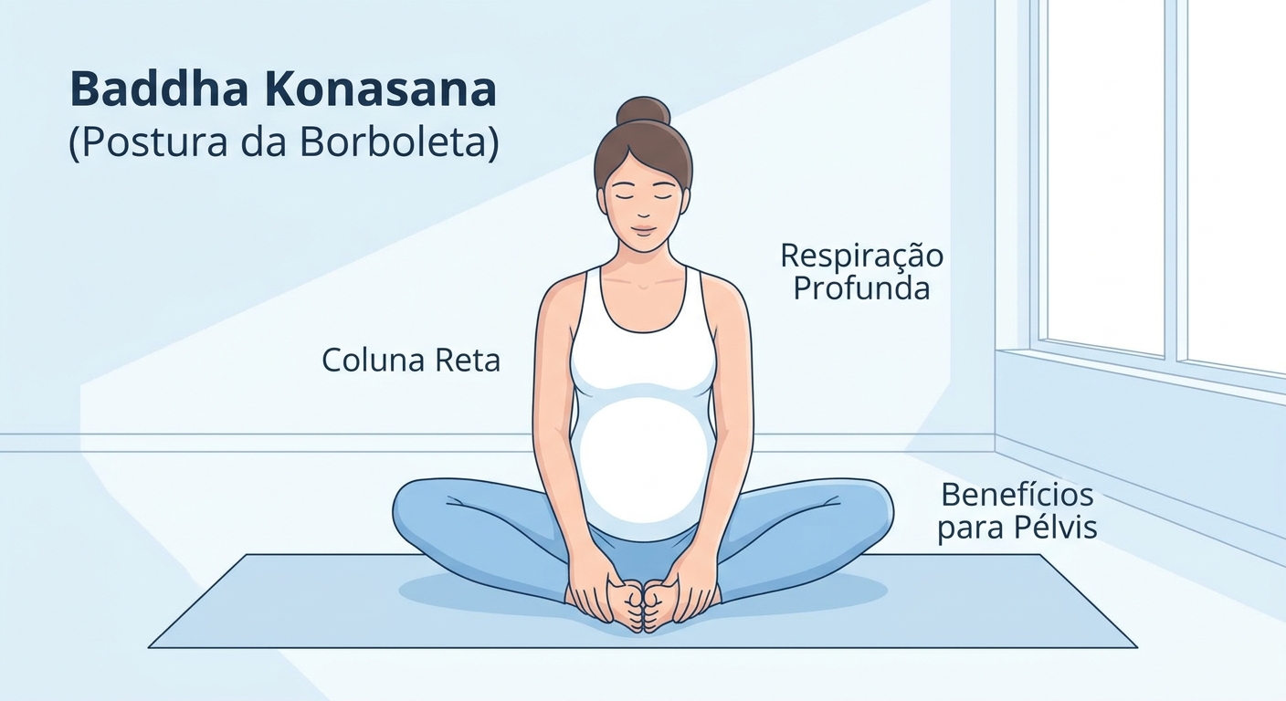 Gestante na postura da borboleta (Baddha Konasana) para abrir o quadril