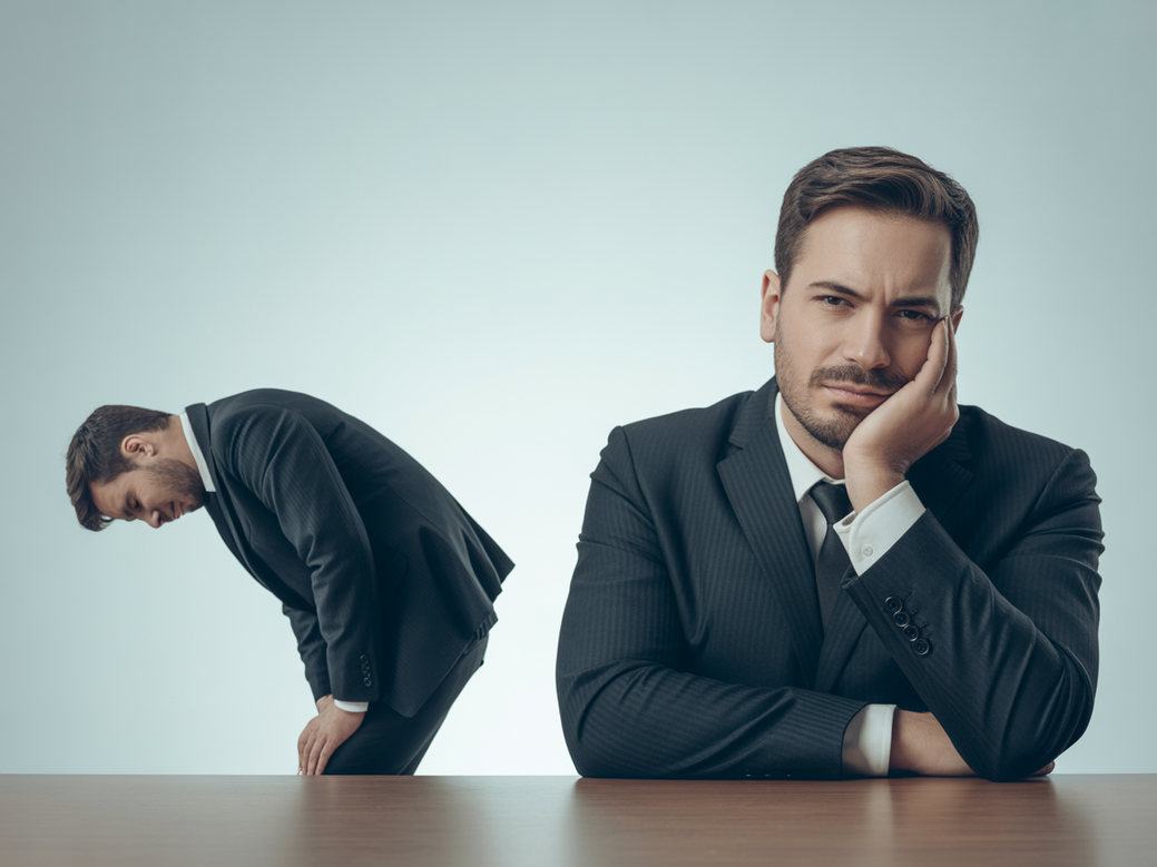 Comparativo entre postura incorreta com dores e postura correta e saudável no ambiente de trabalho, resultado de um core fortalecido.
