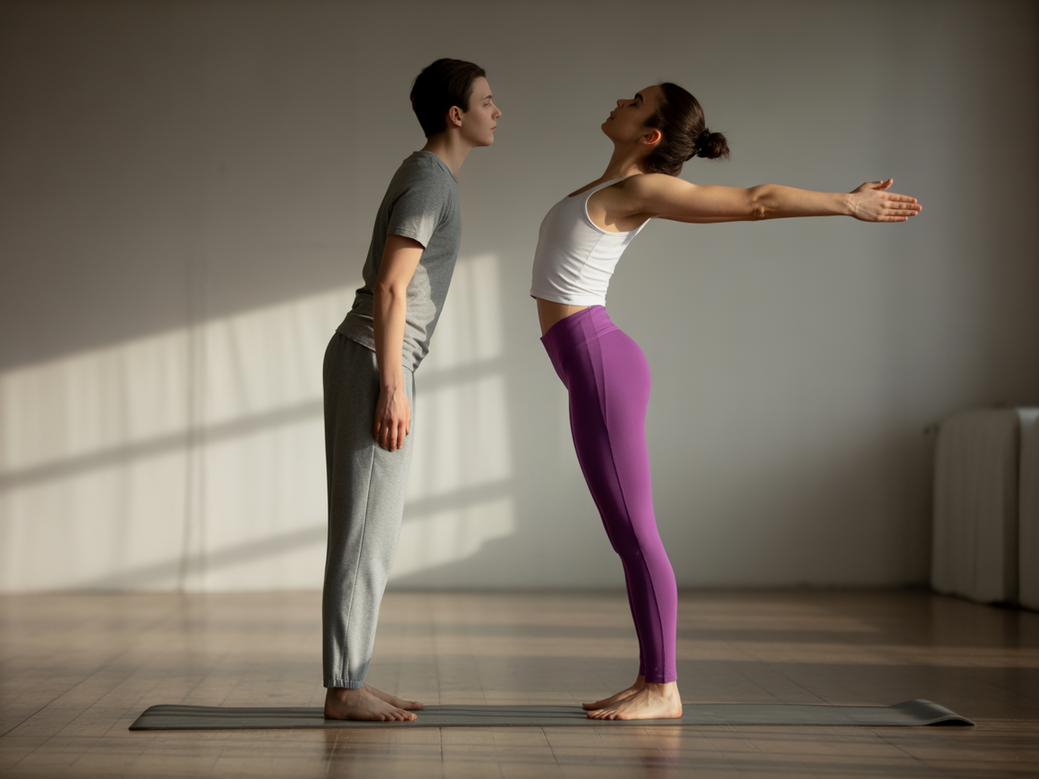 Comparativo de antes e depois mostrando a melhora na postura e mobilidade de uma pessoa após praticar alongamento.