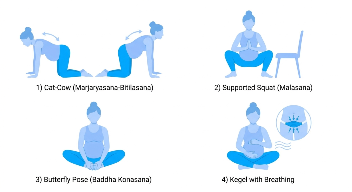 Ilustração de 4 posturas de yoga para gestantes: gato-vaca, agachamento apoiado, borboleta e Kegel com respiração