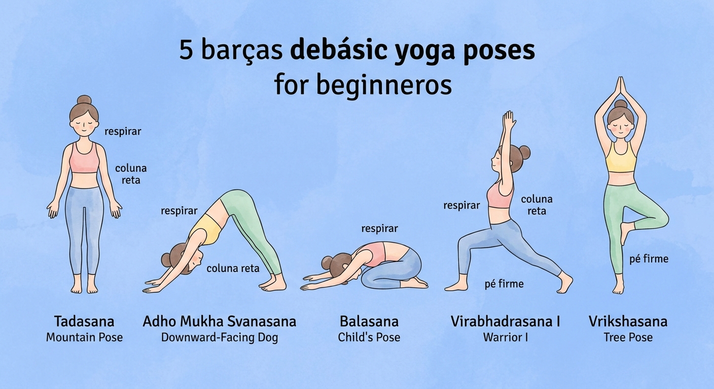 Ilustração das 5 posturas de yoga para iniciantes: Montanha, Cachorro Olhando Para Baixo, Criança, Guerreiro I e Árvore